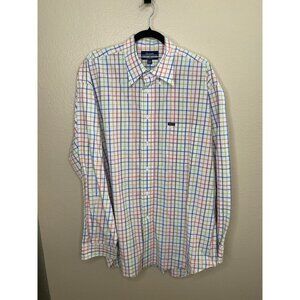 Vintage Façonnable Mens White Shirt XXL Relaxed Fit Multicolor Plaid Button-Up